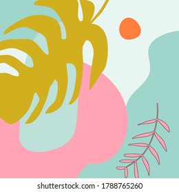 Abstract tropical  background or posters with modern decorative design, pastel colors. Modern collage with leaves and shapes. Hand drawn vector illustration.
