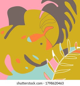 Abstract tropical  background or posters with modern decorative design, pastel colors. Modern collage with leaves and shapes. Hand drawn vector illustration.

