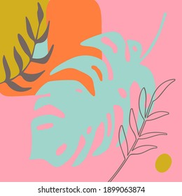 Abstract tropical  background or posters with modern decorative design, pastel colors. Modern collage with leaves and shapes. Hand drawn vector illustration.
