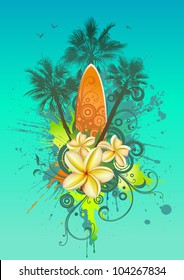 Abstract tropical background with a surfboard, palms and plumeria flowers