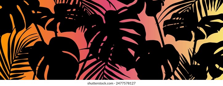 Abstract tropical background with various plants. Monstera leaves and palm branches