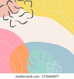 Abstract tropical background vector with palm leaf and shapes, lines and doodles in pastel colors