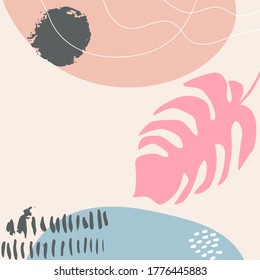 Abstract tropical background vector with palm leaf and shapes, lines and doodles in pastel colors