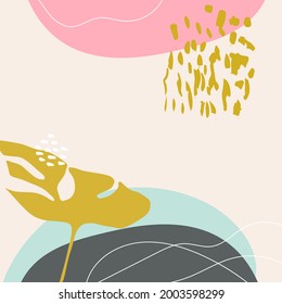 Abstract tropical background vector with palm leaf and shapes, lines and doodles in pastel colors