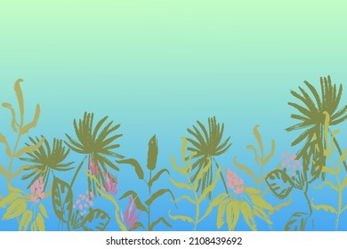 abstract tropical background.vector illustration of plants,palm leaves and flowers on the  blue sky
