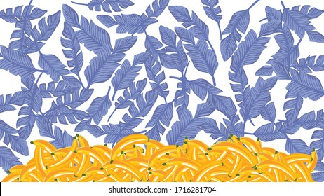 Abstract tropical blue palm banana leaves, heaped mountain bananas fruit on white background. Seamless vector exotic beach pattern on summer floral artistic backdrop