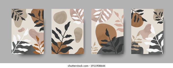 Abstract tropical boho poster collection. Exotic foliage drawing for luxury bohemian interior with neautral pastel watercolor. Acrylic abstract vector shapes for print, cover and wall art. Boho set