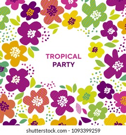 Abstract tropical color floral pattern. Tropical color violet and pink flowers motif. Night simple elegant stock vector illustration for card, border, frame.
