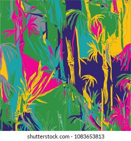 Abstract tropical creative art background. Multicolored jungle leaves poster design. Modern vector botanical illustration. Exotic hand drawn textures use for card, cover, invitation, brochure, flyers.