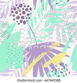 Abstract tropical drawing in pastel color palette. Modern vector illustration with exotic leaves, grunge textures, doodles, minimal elements. Creative seamless pattern with hand drawn shapes