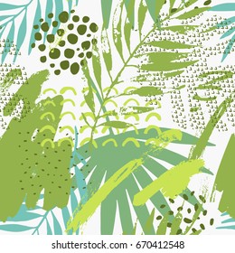 Abstract tropical drawing in shades of green colors. Modern vector illustration with exotic leaves, grunge textures, doodles, minimal elements. Creative seamless pattern with hand drawn shapes