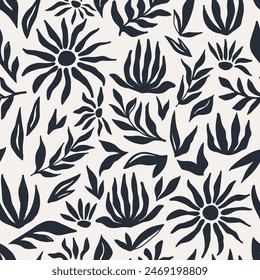Abstract tropical exotic seamless pattern with palm leaves, flowers and sun. Hand drawn organic shapes. Minimal art background. Surface cover design. Fabric textile print.