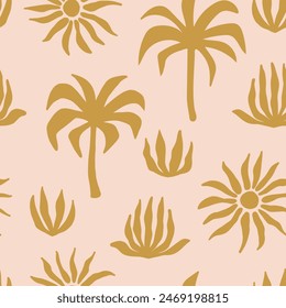 Abstract tropical exotic seamless pattern with palm leaves, flowers and sun. Minimal art background with hand drawn organic shapes. Surface cover design. Fabric textile print.