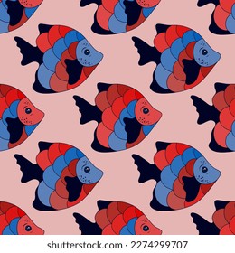 Abstrakter tropischer Fisch endlose Stoffdruck-Design. Ozeane schwimmen. Babymode-Stoffdruck. Tropischer Fisch flaches Grafikdesign. Farbige Waagen, Flossen