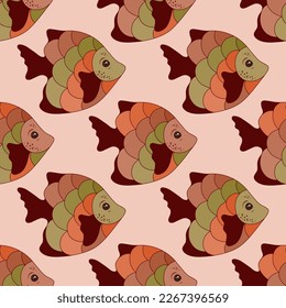 Abstract tropical fish seamless ornament illustration. Oceanic creatures swimming. Children fashion textile print. Tropical fish wildlife graphic design. Multi-coloured squama, tail