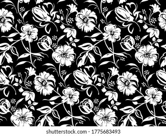Abstract tropical floral pattern with leaves and white background
