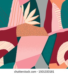 Abstraktes, nahtloses Muster tropischer Blumen. Hand zeichnen Textur. Abstrakter lustiger Farbmuster-Cartoon strukturierten doodle geometrischen Hintergrund in Vektorgrafik.