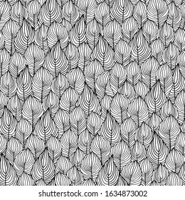 Abstract tropical floral seamless pattern with leaves on white background. Template design for web, textures, card, poster, fabric, textile. Hand draw doodle elements. Black and white illustration.