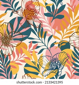 Abstract tropical floral seamless pattern for decorative design. Modern exotic seamless pattern. Background, wrapping paper. Jungle vector art. Paradise beach. Summer background.
