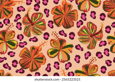 Abstract tropical floral seamless pattern and leopard pattern suitable for fabric, background, motif, wallpaper, etc.