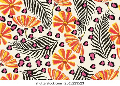 Abstract tropical floral seamless pattern and leopard pattern suitable for fabric, background, motif, wallpaper, etc.