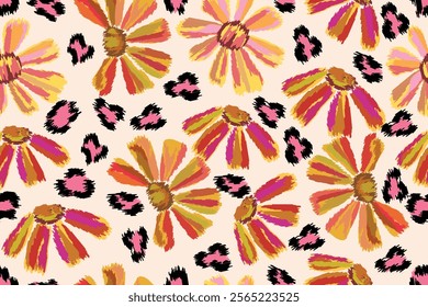 Abstract tropical floral seamless pattern and leopard pattern suitable for fabric, background, motif, wallpaper, etc.