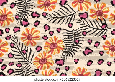 Abstract tropical floral seamless pattern and leopard pattern suitable for fabric, background, motif, wallpaper, etc.