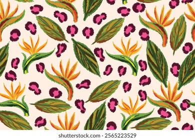 Abstract tropical floral seamless pattern and leopard pattern suitable for fabric, background, motif, wallpaper, etc.