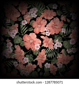 Abstract tropical flower image. Tropical plumeria and palm leaves. Shadowed paradise flowers on black background. Vector illustration.