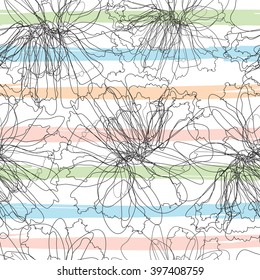 Abstract tropical flower pattern on striped background. Seamless floral pattern