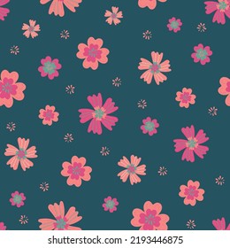 Abstract Tropical Flower Vector Seamless Pattern Background. Modern Folk Art Stitch Effect Style Pink Teal Florals Backdrop. Jungle Flower Design.Botanical Rainforest Flowers Repeat