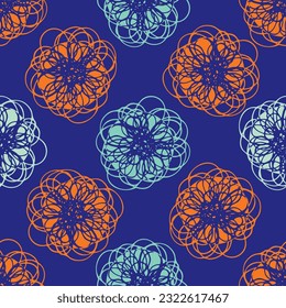 Abstrakte tropische Blume, Vektorgrafik, nahtlos Muster Hintergrund. Moderne Schreib-Effekt Stil Neon-Orange indigo Blumen Hintergrund. Dschungelblumendesign. Botanische Regenwaldblumen, geometrische Wiederholung