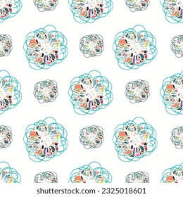 Abstract tropical flower vector seamless pattern background. Modern scribble effect style multicolor florals on white backdrop. Wildflower design. Botanical rainforest flowers cottagecore repeat
