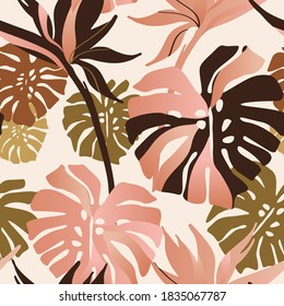 Resumen de flores tropicales, hojas sin costura. Fondo abstracto de verano tropical dibujado a mano: hoja de monstera, flor de ave-en-paraíso con efecto gradiente brillante Ilustración de arte vectorial