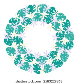 Abstract tropical flowers and Monstera leaves Circular Frame border Exotic Plant Copy space Template