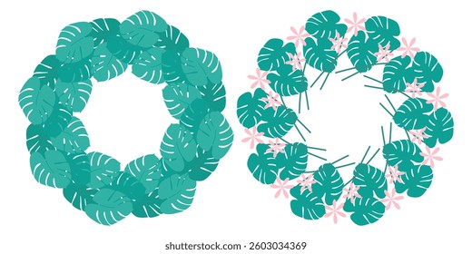 Abstract Tropical Flowers Monstera leaves Circular Frames borders Copy space Template concept Set 2