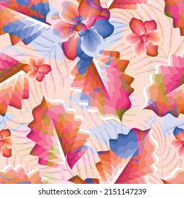flores tropicales abstractas en un patrón sin fisuras en el fondo de la luz. colorido patrón floral sin costuras. Colorido y elegante, florido. Fondo floral. Fondo floral de verano dibujado a mano. hoja grande