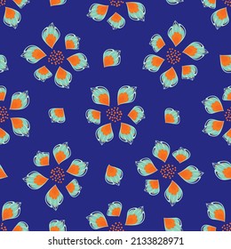 Abstract tropical flowers vector seamless pattern background. Bright mix of orange flower heads on indigo blue backdrop. Hand drawn design in offset style. Floral botanical nature repeat print.