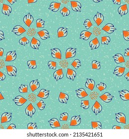 Abstract tropical flowers vector seamless pattern background. Bright mix of orange flower heads on aqua blue backdrop. Hand drawn design in offset style. Floral botanical nature repeat print.