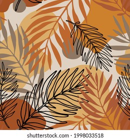 Abstract tropical foliage background. Exotic seamless pattern: line art palm leaves silhouettes, geometric shapes. Jungle vector art. Hand drawn illustration for summer design, beach fabric, wallpaper