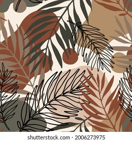 Abstract tropical foliage background. Exotic seamless pattern: line art palm leaves silhouettes, geometric shapes. Jungle vector art. Hand drawn illustration for summer design, beach fabric, wallpaper