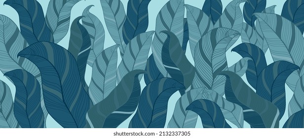 Abstract tropical and foliage background. Nature wallpaper of line art calathea leaf, green leaves in hand drawn pattern. Blue tone summer jungle and exotic plants for banner, prints, decoration.