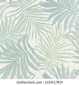 Abstract tropical foliage background in pastel green blue colors. Palm leaves in line art, grunge silhouette seamless pattern. Vector tropics illustration for swimwear design, wallpaper, textile