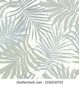 Abstract tropical foliage background in pastel green blue colors. Palm leaves in line art, grunge silhouette seamless pattern. Vector tropics illustration for swimwear design, wallpaper, textile