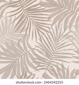 Abstract tropical foliage background in pastel colors. Palm leaves in line art, grunge silhouette seamless pattern. Vector tropics illustration for swimwear design, wallpaper, textile