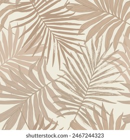 Abstract tropical foliage background in pastel colors. Palm leaves in line art, grunge silhouette seamless pattern. Vector tropics illustration for swimwear design, wallpaper, textile