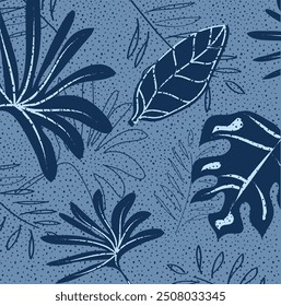Abstract tropical foliage background in pastel colors. Palm leaves in line art, grunge silhouette seamless pattern. Vector tropics illustration for swimwear design, wallpaper, textile