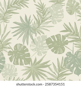 Abstract tropical foliage background in pastel olive green colors. Palm leaves in line art, grunge silhouette seamless pattern. Vector tropics illustration for swimwear design, wallpaper, textile