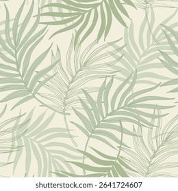 Abstract tropical foliage background in pastel green blue colors. Palm leaves in line art, grunge silhouette seamless pattern. Vector tropics illustration for swimwear design, wallpaper, textile