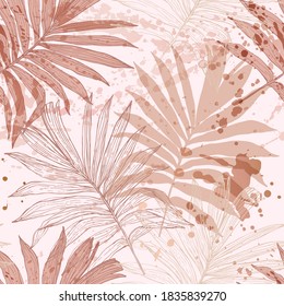 Abstract tropical foliage background in pink rose blush colors. Palm leaves, paint splatters, drips seamless pattern. Creative tropics illustration for swimwear design, wallpaper, textile. Vector art